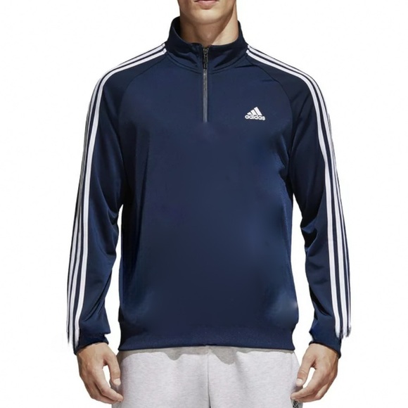 ADIDAS Men’s 1/4-Zip Navy Pullover Track Long Sleeve Top Striped Shirt Mock Neck - Picture 1 of 1